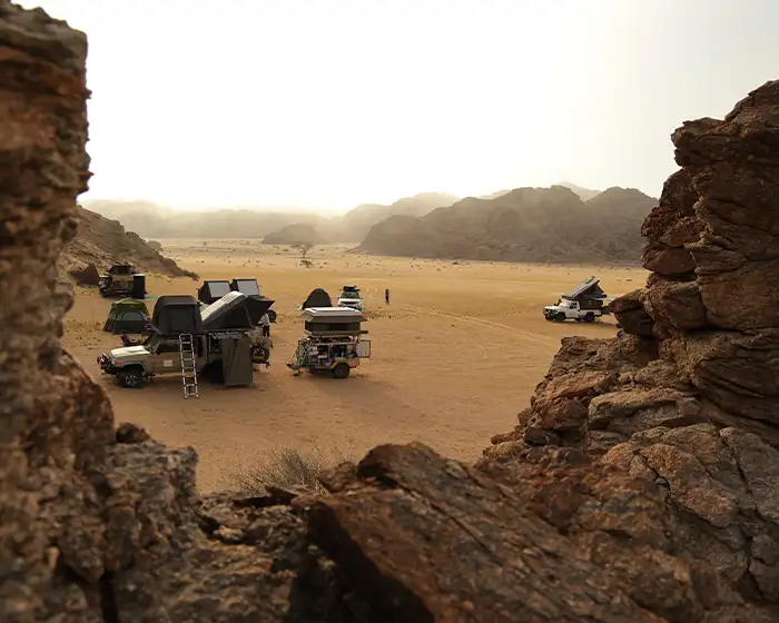 Group of Guided 4x4 safari vehicles in Damaraland, Namibia